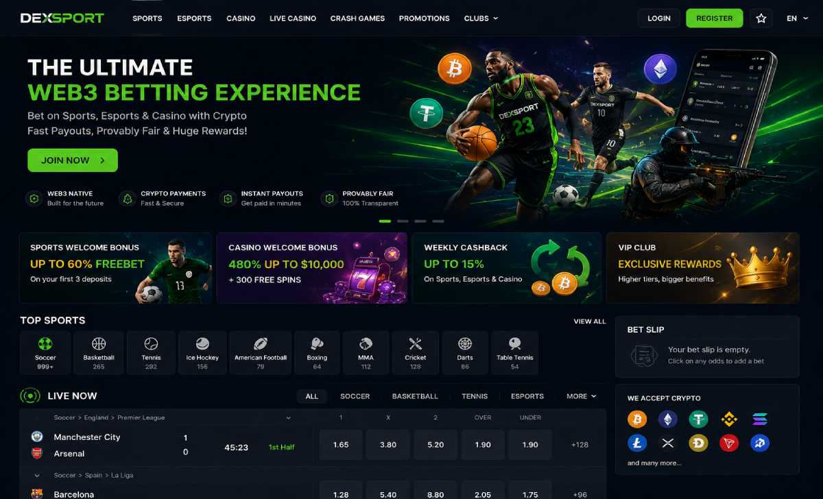 Dexsport homepage showing Web3 crypto sportsbook and casino interface