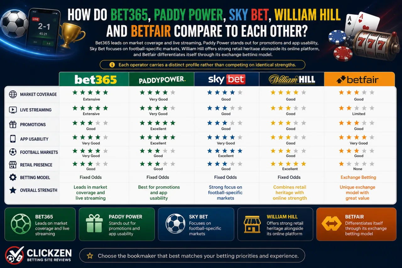 How Do Bet365, Paddy Power, Sky Bet, William Hill and Betfair Compare to Each Other
