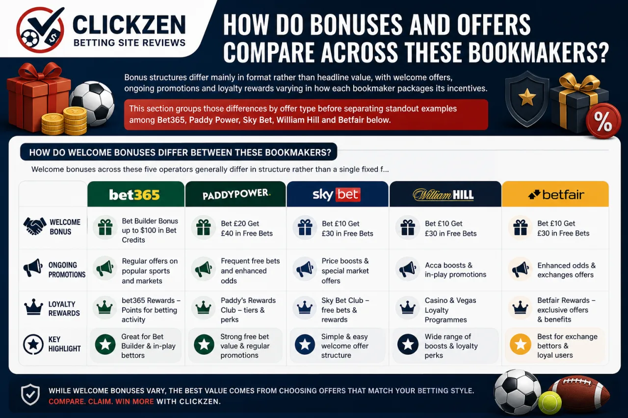 How Do Bonuses and Offers Compare Across These Bookmakers