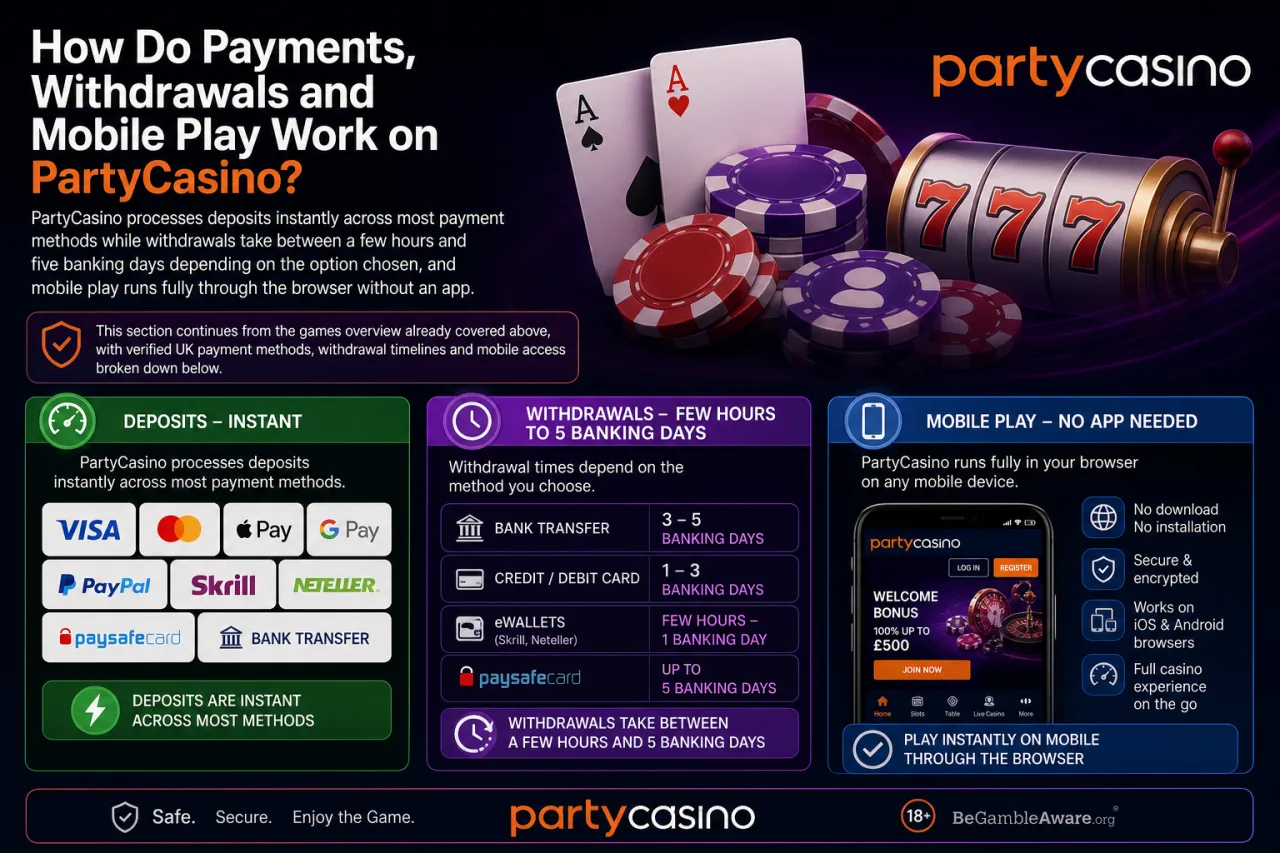 How Do Payments, Withdrawals and Mobile Play Work on PartyCasino