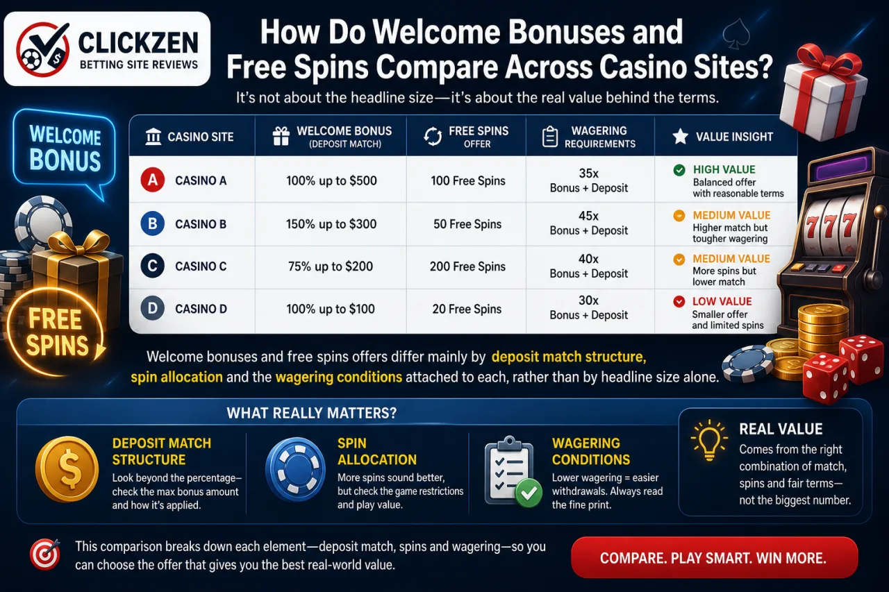How Do Welcome Bonuses and Free Spins Compare Across Casino Sites