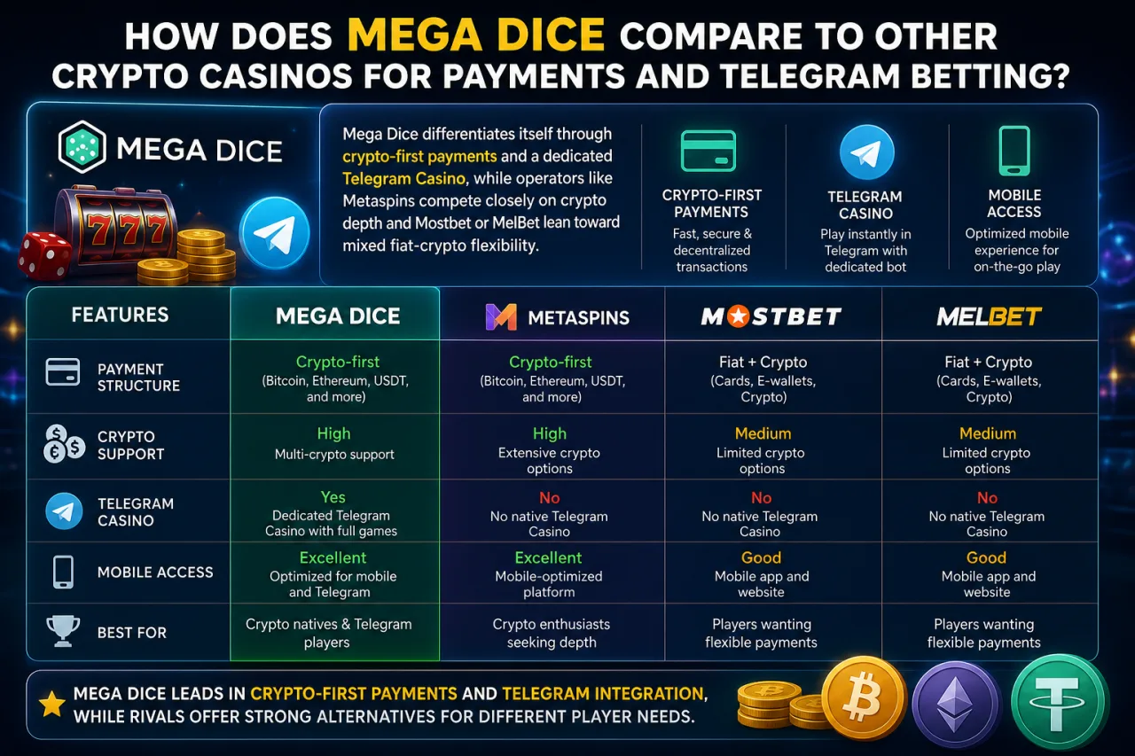 How Does Mega Dice Compare to Other Crypto Casinos for Payments and Telegram Betting
