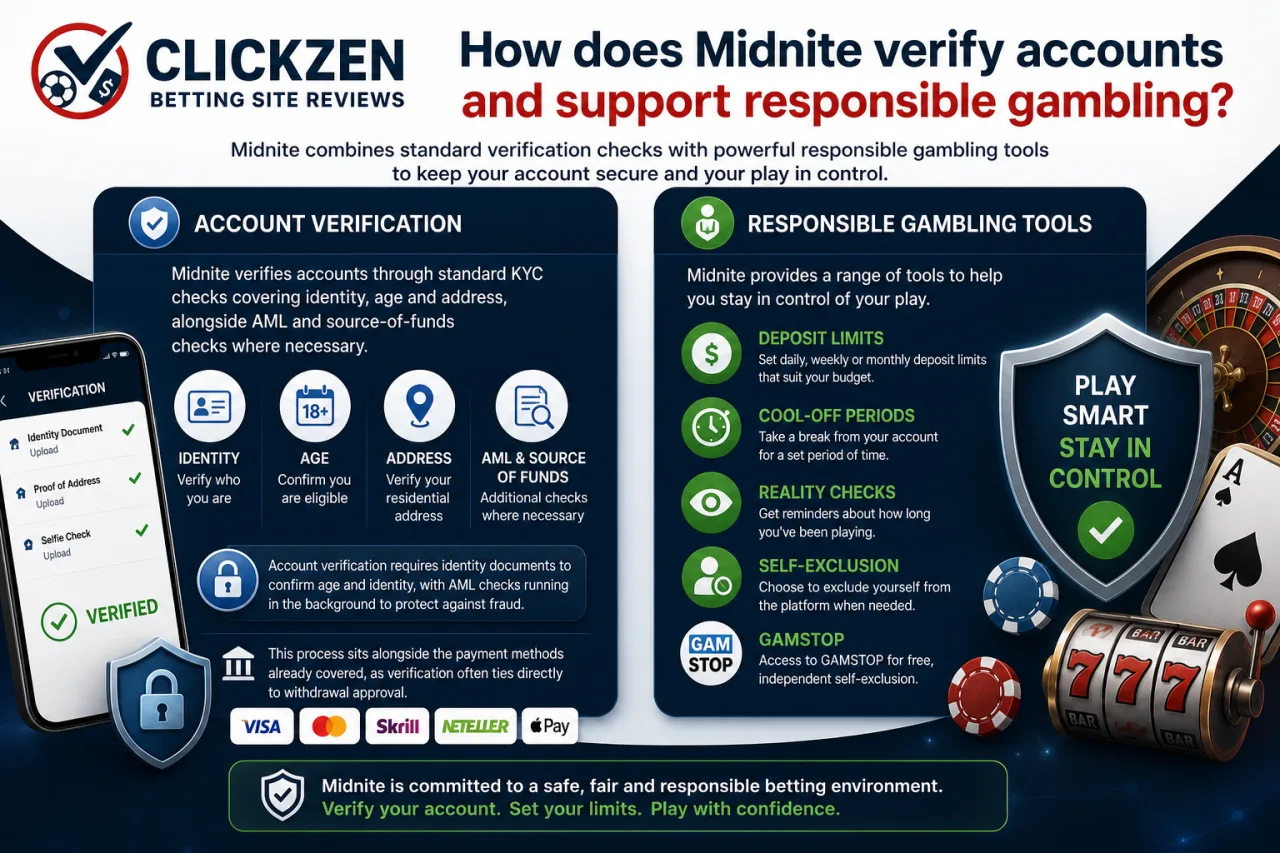 How does Midnite verify accounts and support responsible gambling