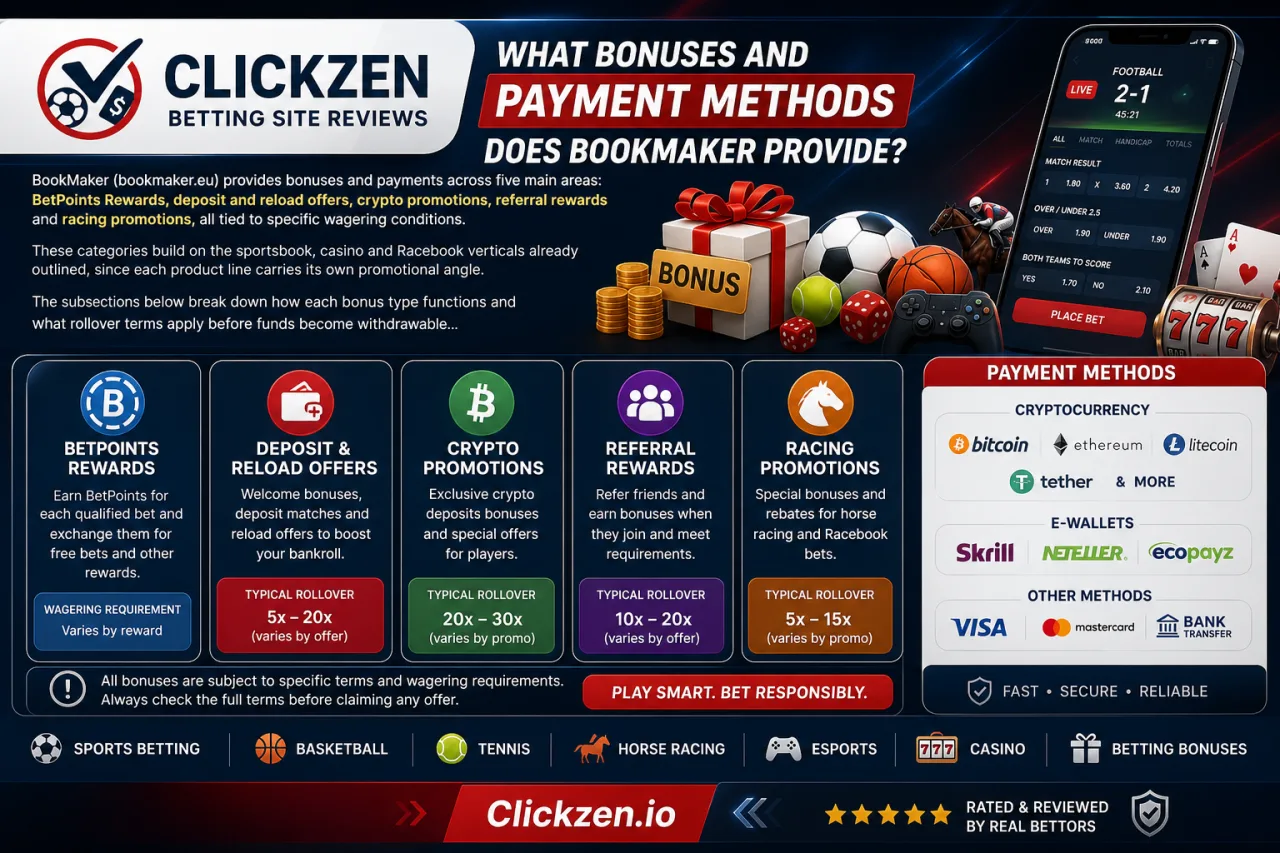 What Bonuses and Payment Methods Does BookMaker Provide