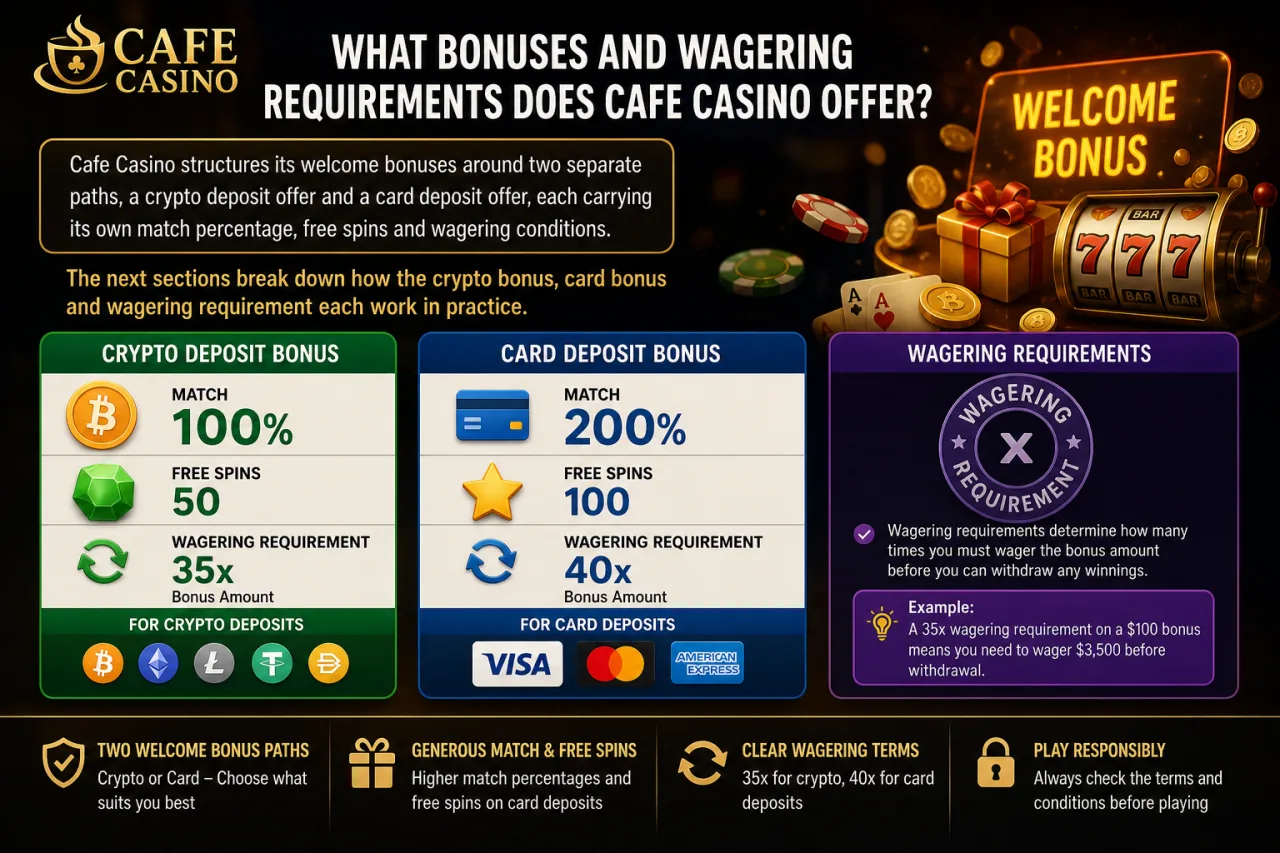 What Bonuses and Wagering Requirements Does Cafe Casino Offer What Bonuses and Wagering Requirements Does Cafe Casino Offer