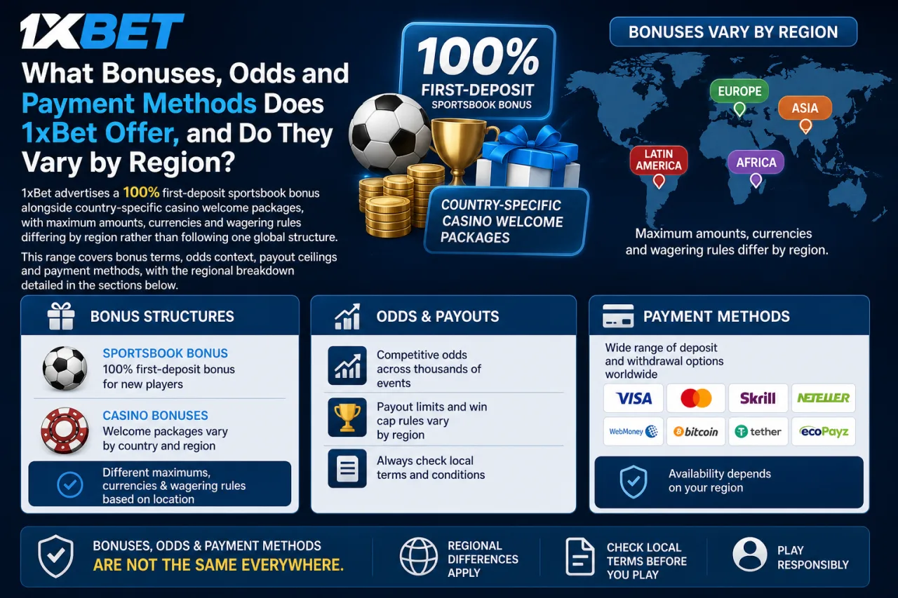1xBet bonuses, odds and payment methods by region