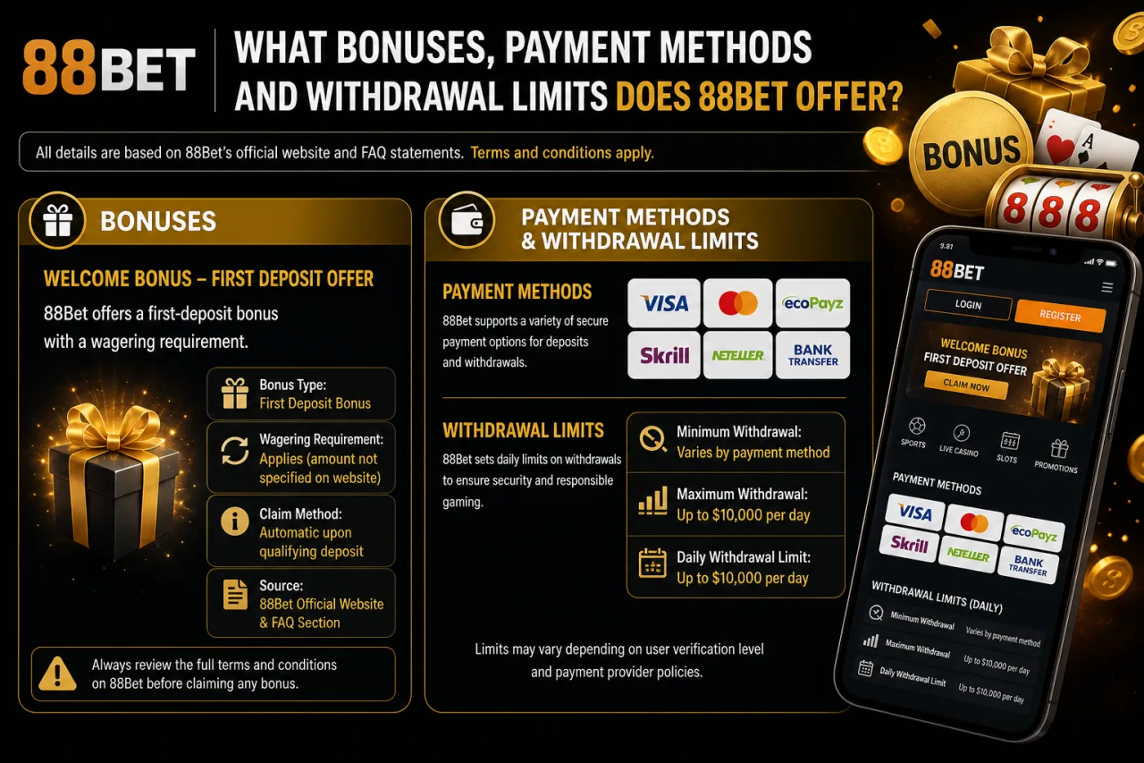 What Bonuses, Payment Methods and Withdrawal Limits Does 88Bet Offer