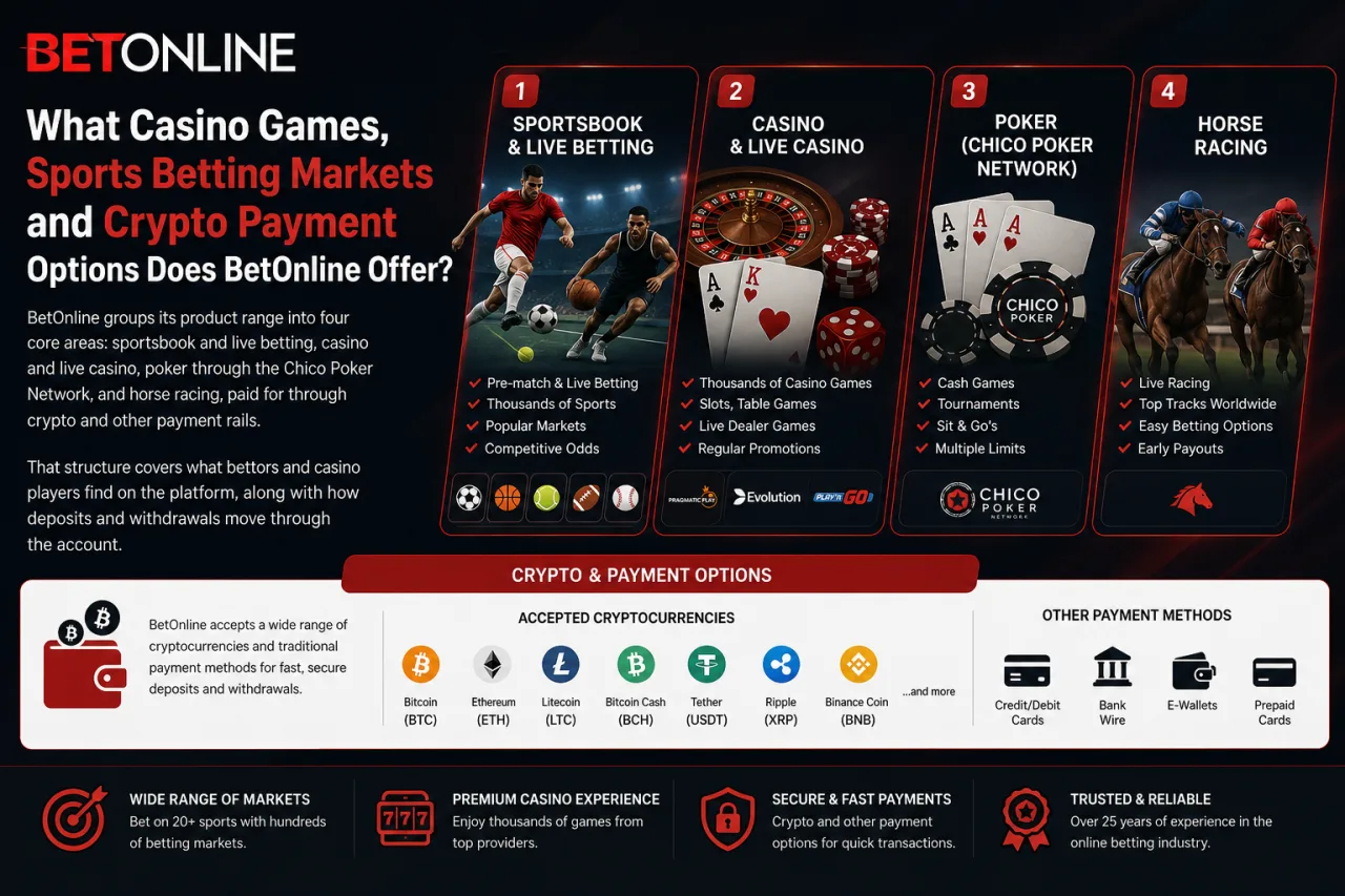 What Casino Games, Sports Betting Markets and Crypto Payment Options Does BetOnline Offer
