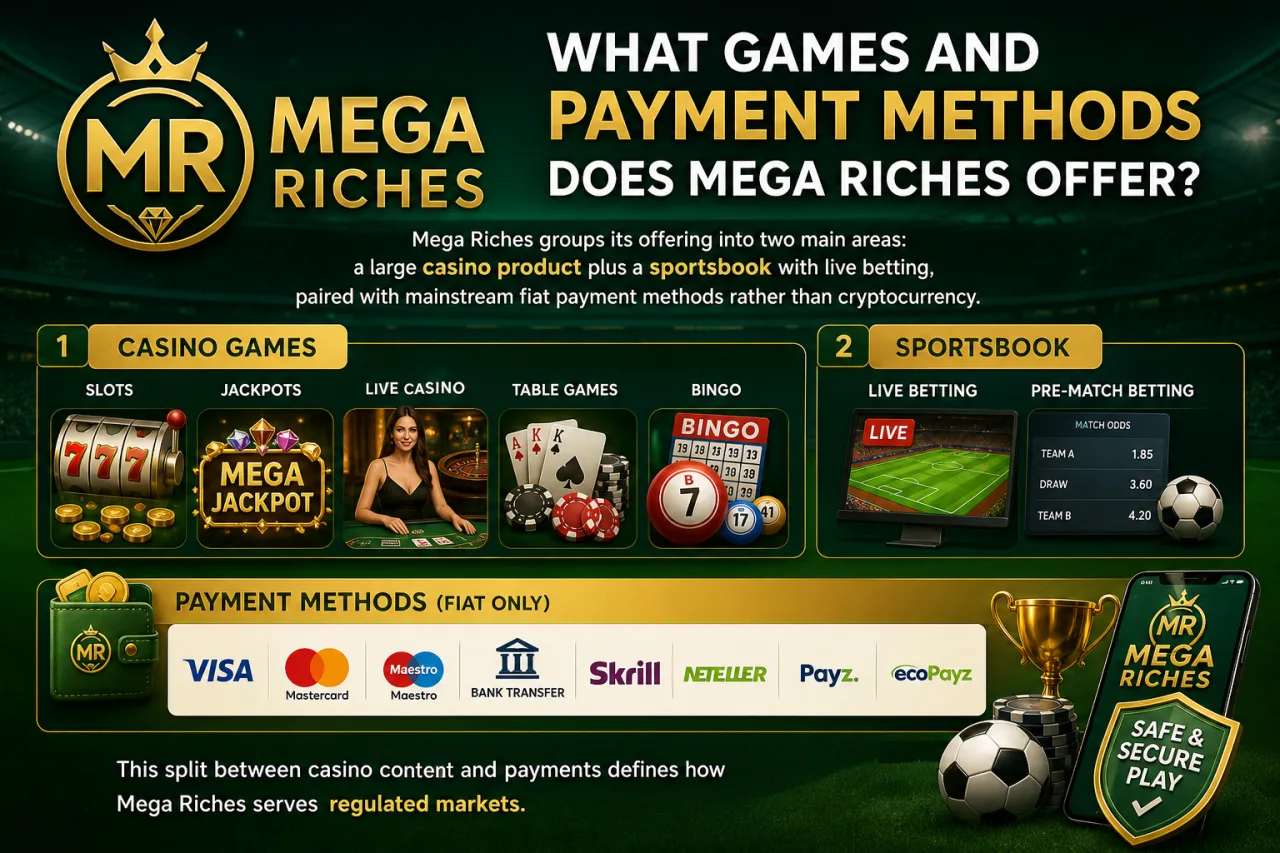 What Games and Payment Methods Does Mega Riches Offer