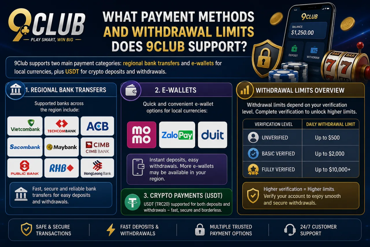 What Payment Methods and Withdrawal Limits Does 9Club Support
