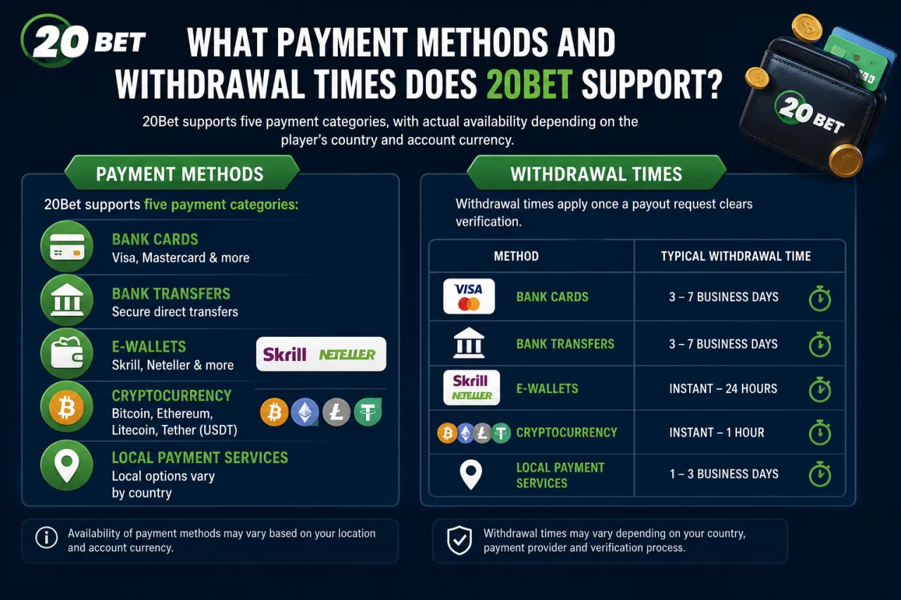 What Payment Methods and Withdrawal Times Does 20Bet Support