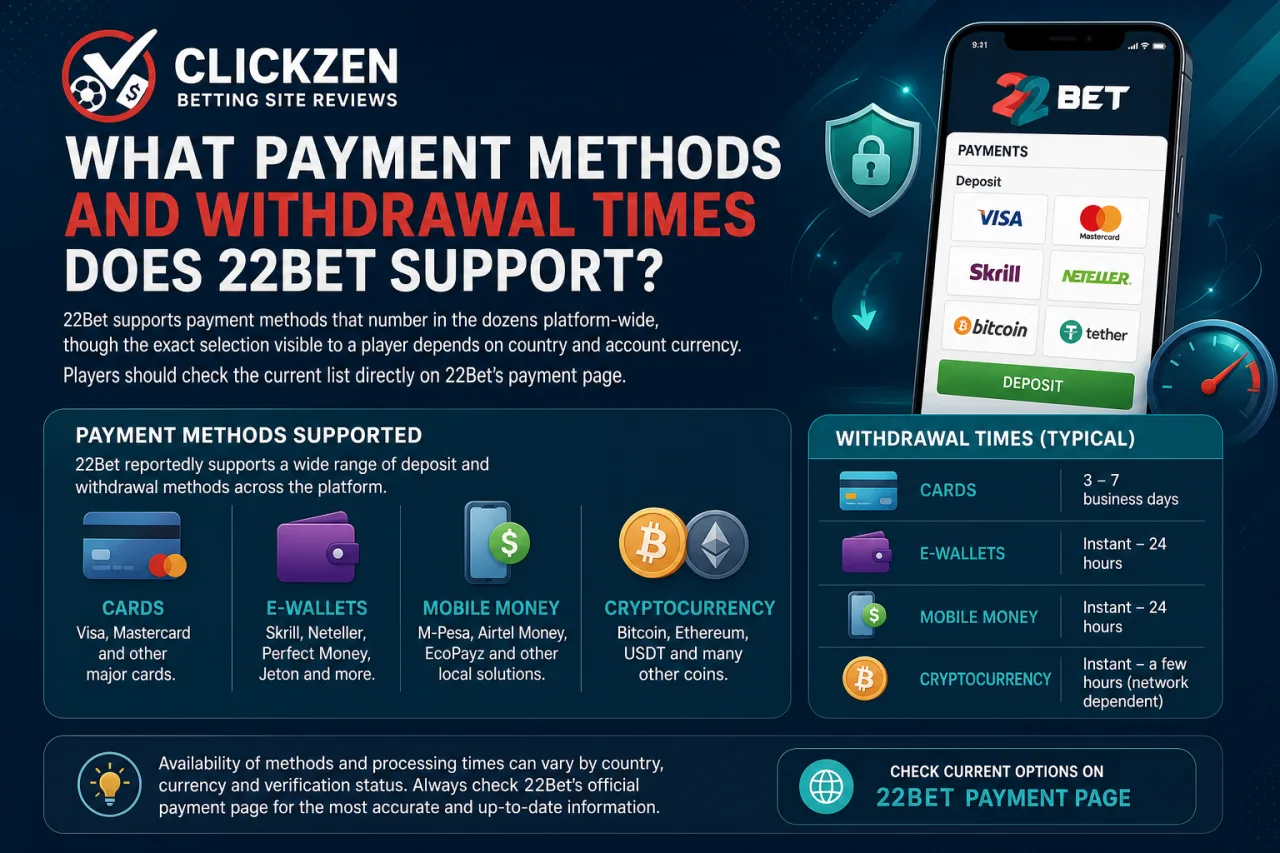 What Payment Methods and Withdrawal Times Does 22Bet Support