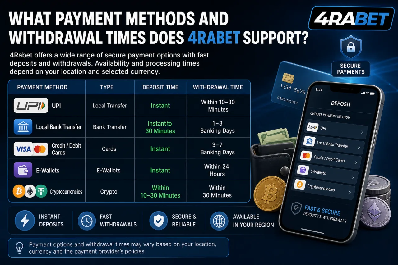 What Payment Methods and Withdrawal Times Does 4Rabet Support