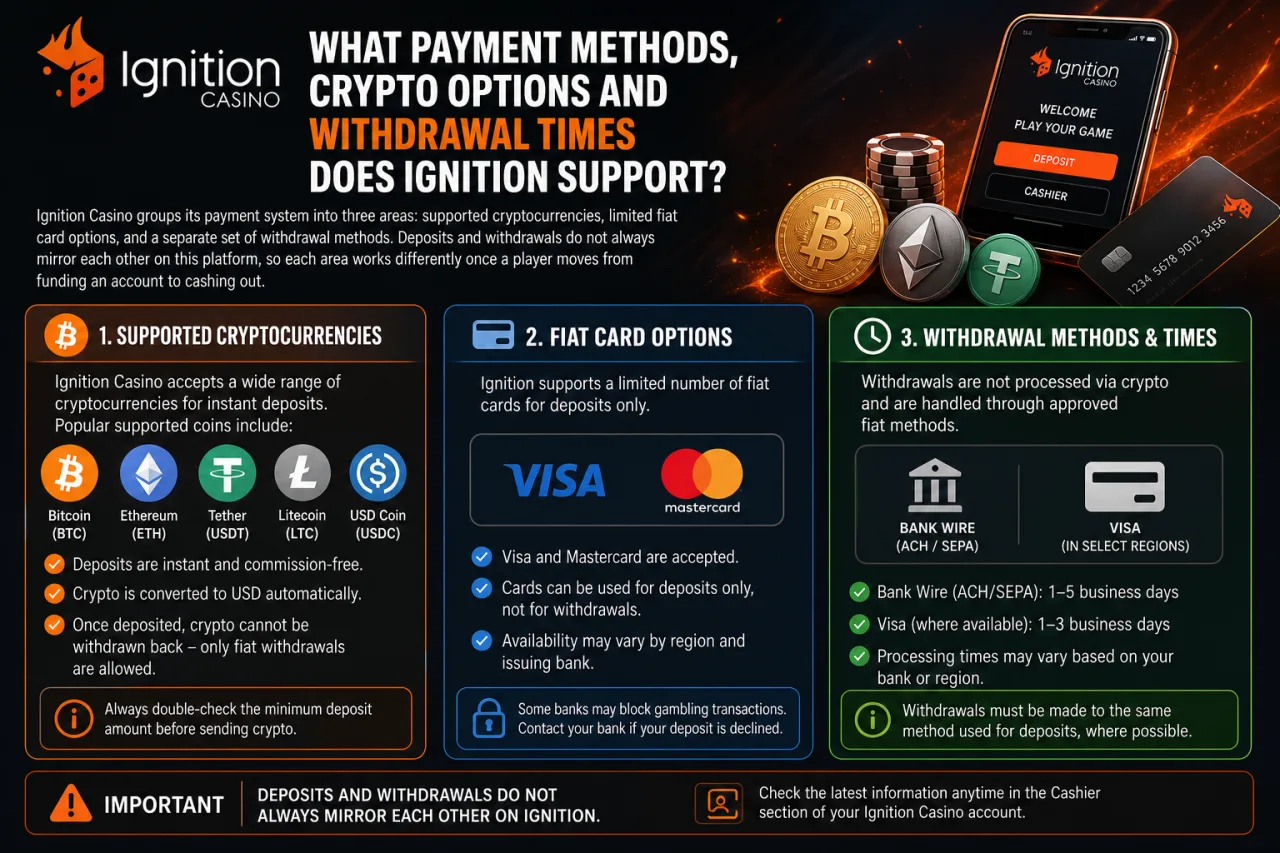 What Payment Methods Crypto Options and Withdrawal Times Does Ignition Support
