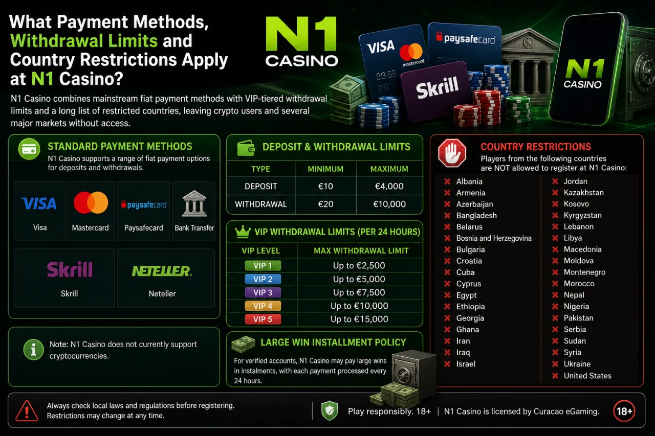 What Payment Methods, Withdrawal Limits and Country Restrictions Apply at N1 Casino