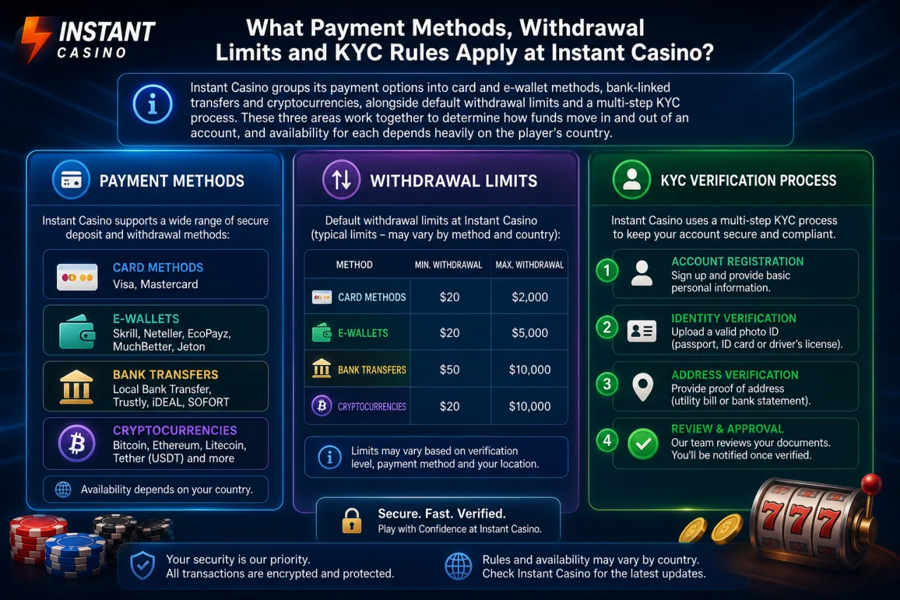 What Payment Methods, Withdrawal Limits and KYC Rules Apply at Instant Casino What Payment Methods, Withdrawal Limits and KYC Rules Apply at Instant Casino