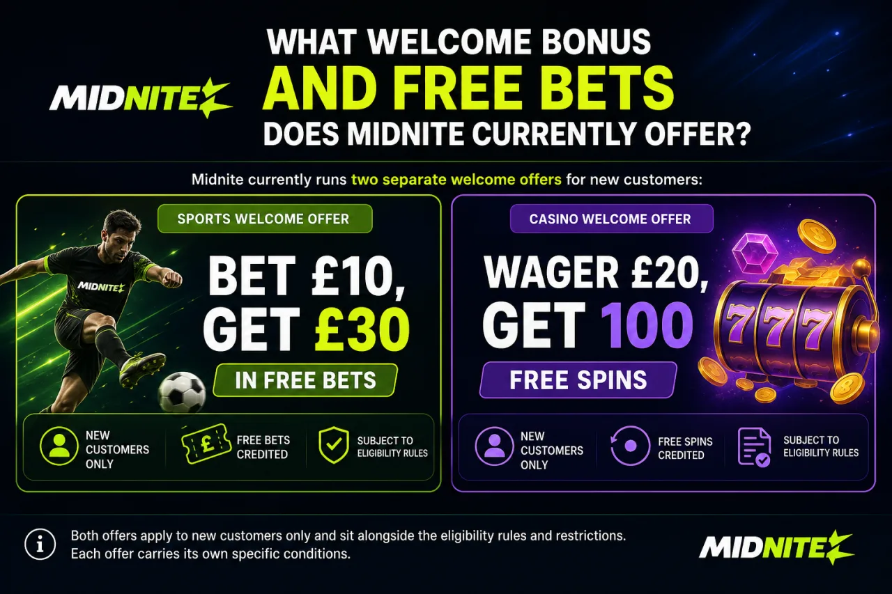 What welcome bonus and free bets does Midnite currently offer