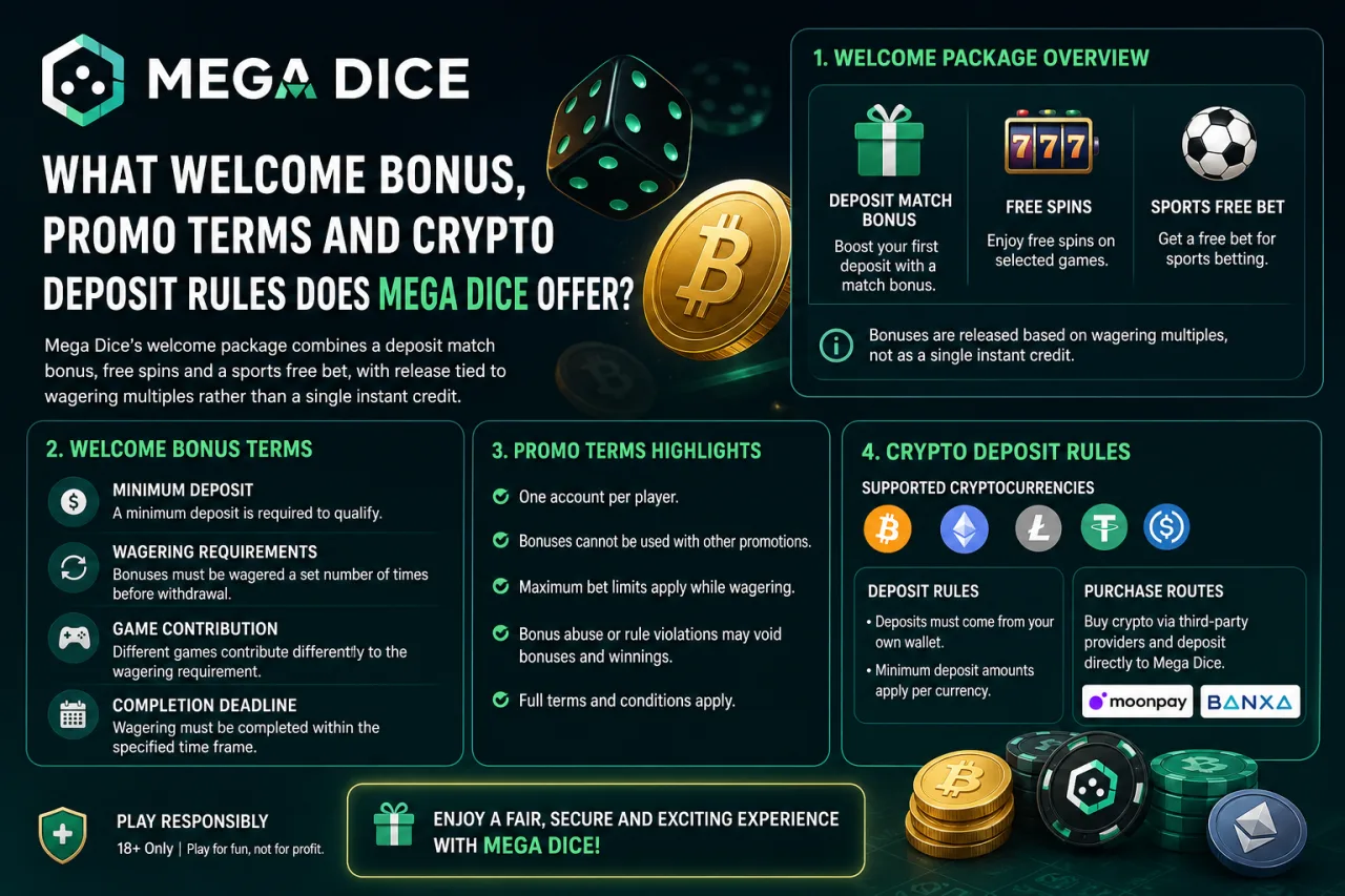 What Welcome Bonus, Promo Terms and Crypto Deposit Rules Does Mega Dice Offer