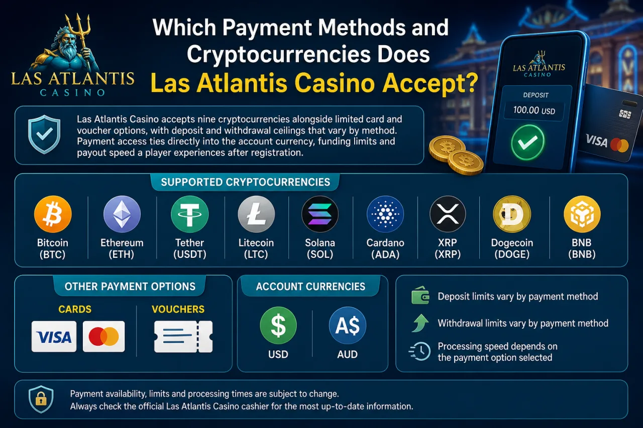 Which Payment Methods and Cryptocurrencies Does Las Atlantis Casino Accept