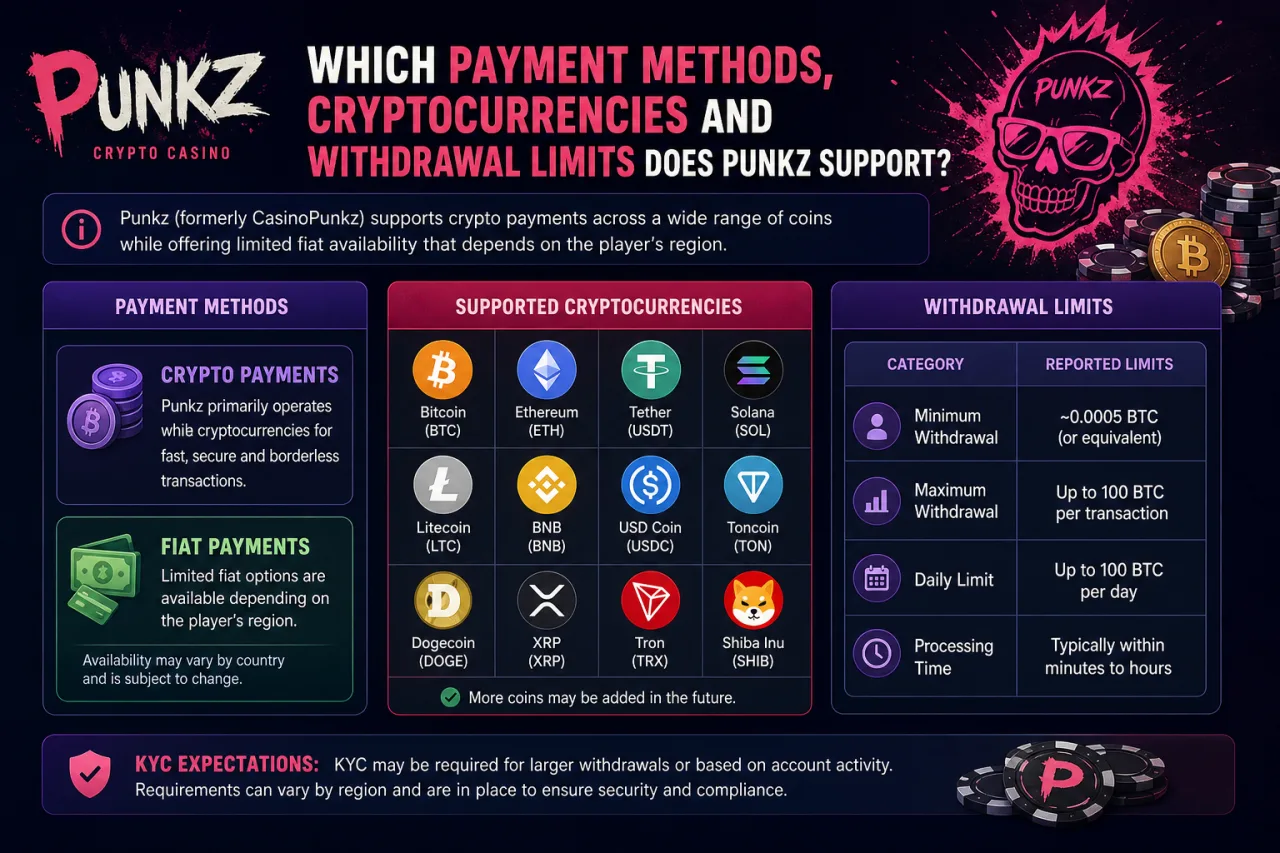Which Payment Methods, Cryptocurrencies and Withdrawal Limits Does Punkz Support